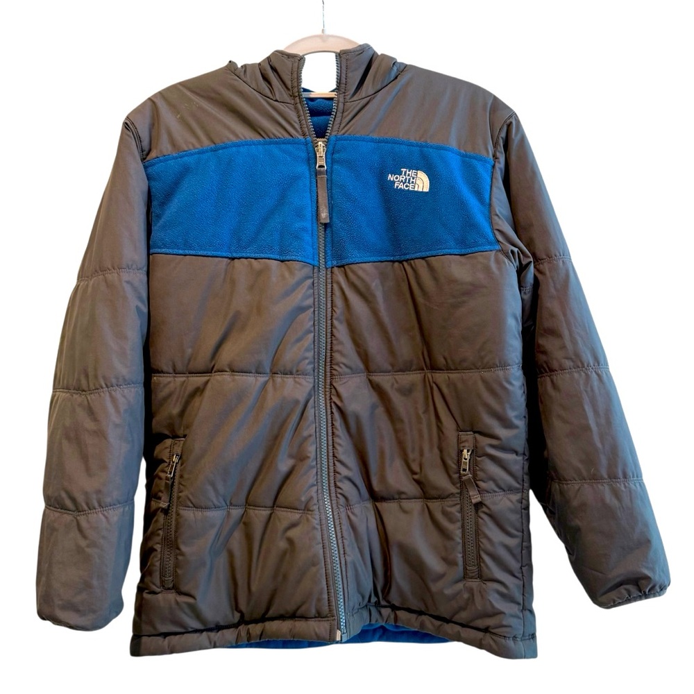 The North Face Full Zip Reversible Jacket Blue Grey Boys Size Large 14/16 FLAW